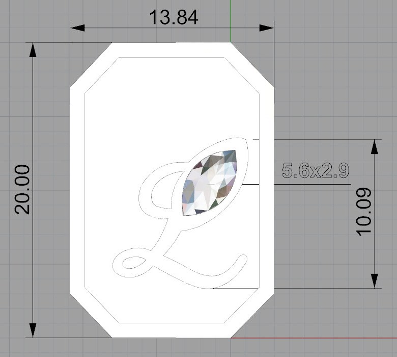 Disegno quotato della targhetta: 13,84 × 20 mm, lettera L alta 10,09 mm con navette 5,6 × 2,9 mm